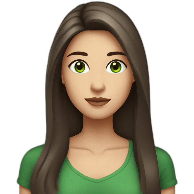 cocasian young adult woman with dark straight brown and long hair and green eyes emoji