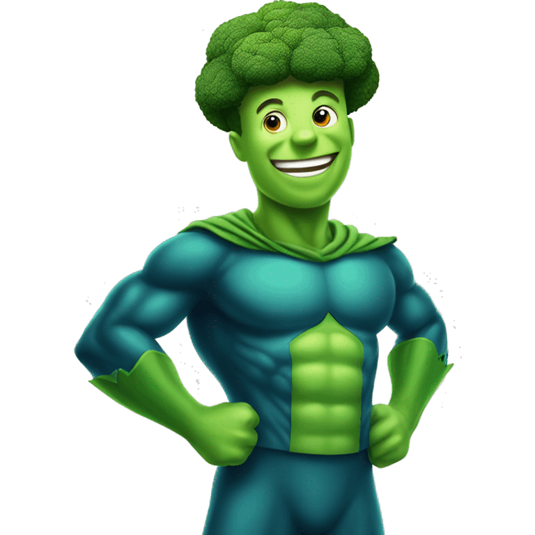 Happy Broccoli man in superhero suit emoji