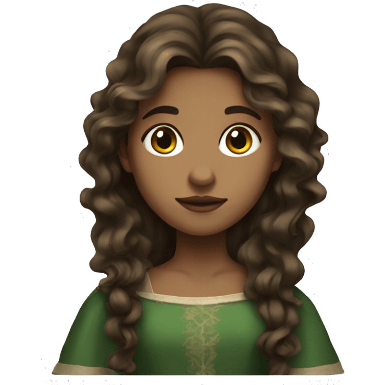 girl with brown long wavy hair, brown black eyes, green medieval dress emoji