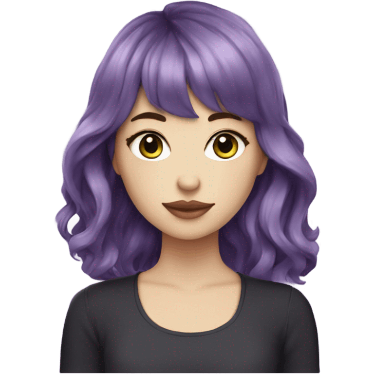  one white girl with eyeliner, mid length hair wavy, purple hair, bangs, holding iced matcha, dark shirt emoji