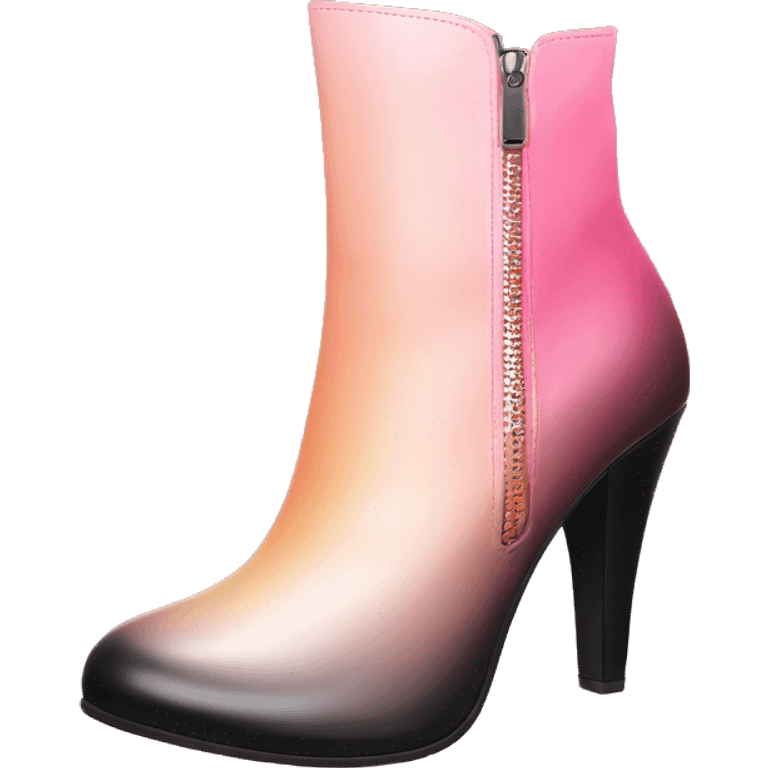 Hyper Realistic isolated top view of a pair  of peach,pink and black ombre high heel zippered ankle bootie boots. emoji