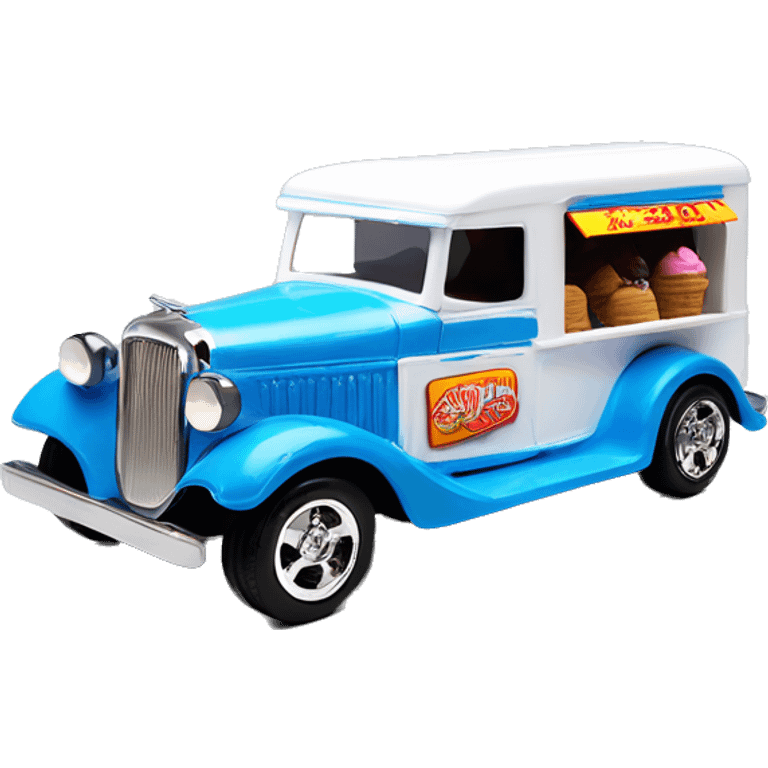 Hot wheels style, ice cream truck from 1934 with wide chrome mag wheels, blue, no ice cream on top of truck, open selling window.  emoji