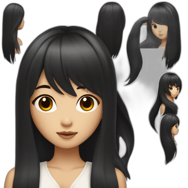 designer korean girl with long black hair and bang. tanned skin emoji