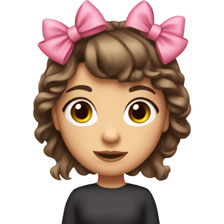 brunette girl with tow pink bow in her hair and bang emoji