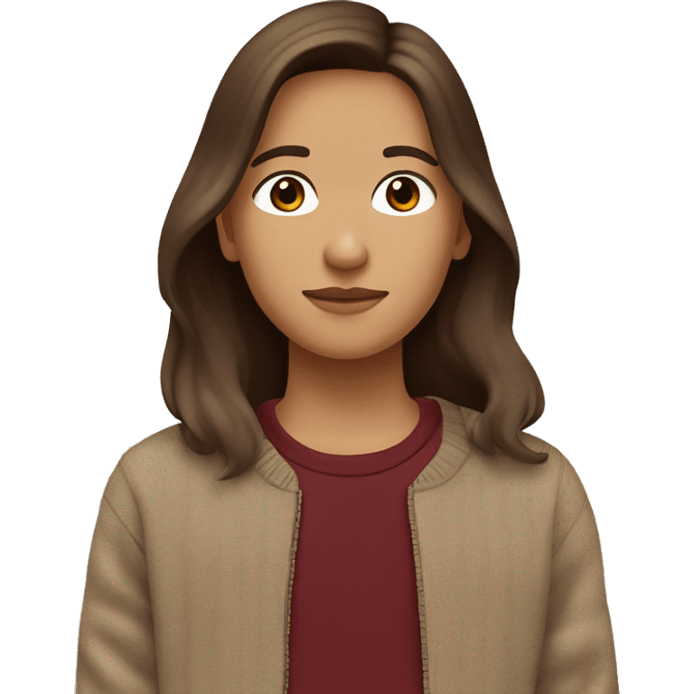 Long brown hair, brown eyes, maroon sweater , Mexican skin tone ￼￼￼￼￼ emoji