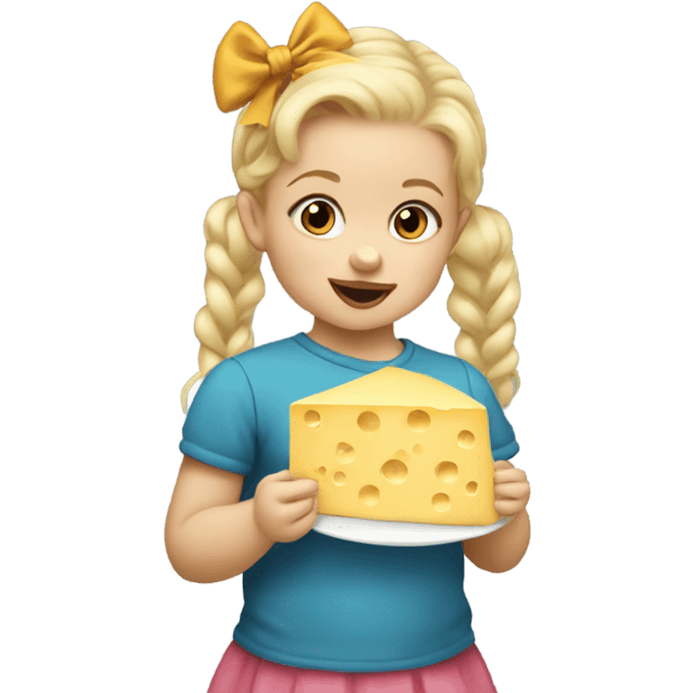 Blonde toddler with pigtails with bows eating cheese emoji