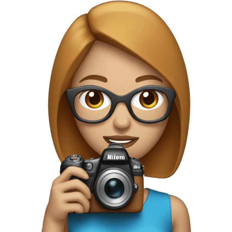 Portrait of stylish woman with blue eyes and caramel bob hair holding a nikon camera emoji