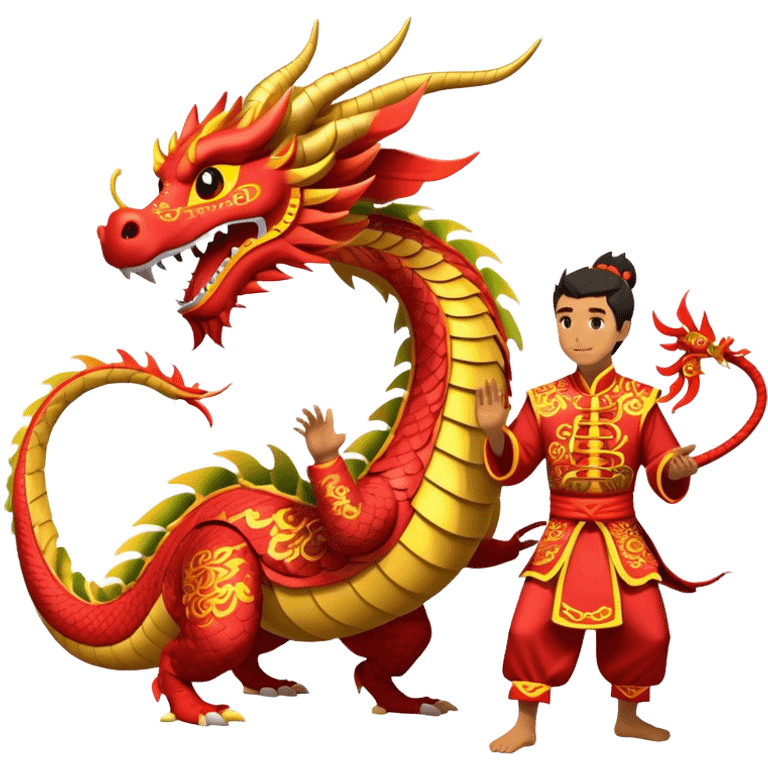 Cinematic Realistic scene of two performers guiding an elaborately designed dragon costume during a Dragon Dance, with vivid traditional patterns and dynamic motion, set under festive, red-tinged lighting emoji