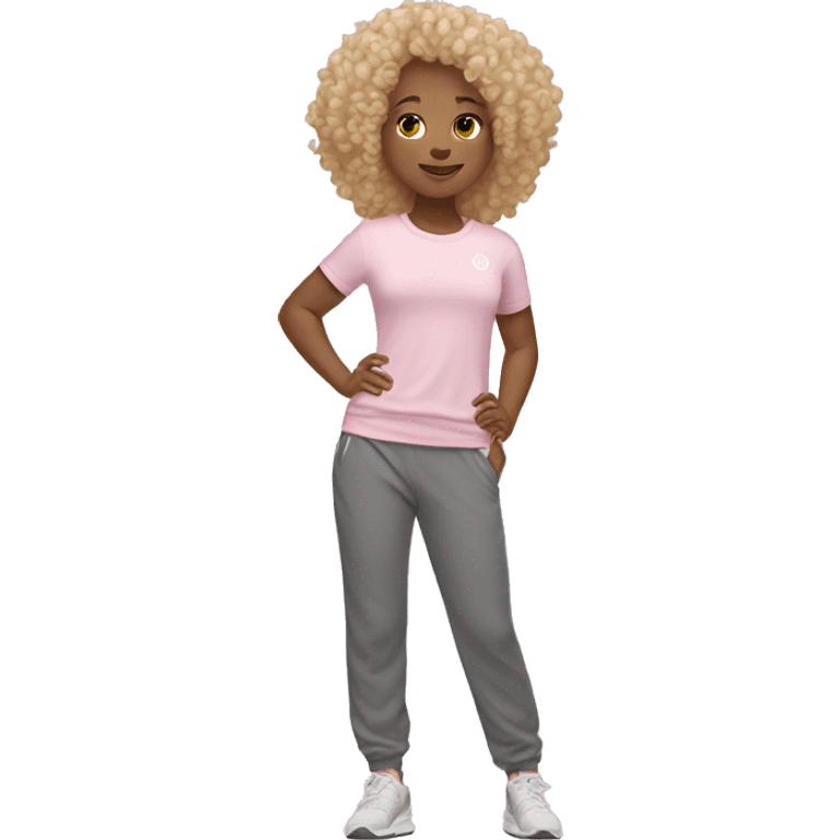 girl wearing lululemon shirt and light pink sweat pants with curly blond hair emoji