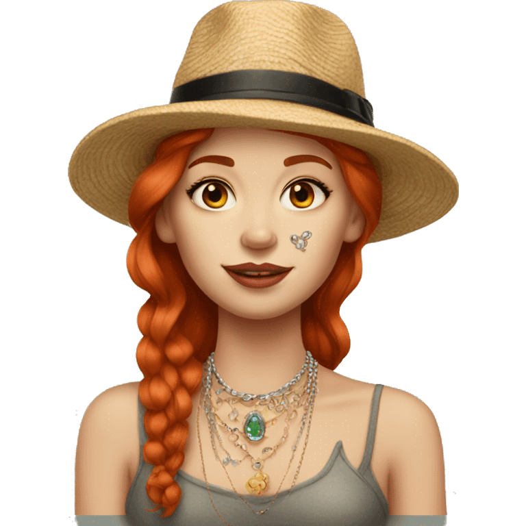 Redhead girl in hat with jewelry and tattoo emoji