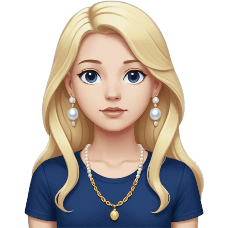 White girl with long blonde hair with a form fitting navy blue shirt with a dainty gold chain and pearl earrings. Make the earrings studs. Make the Shirt a t shirt that’s short sleeve emoji