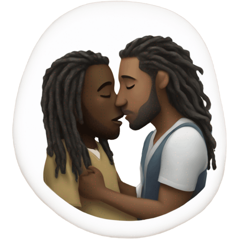 Black man with dreads kissing pregnant white skinned man with brown hair. emoji