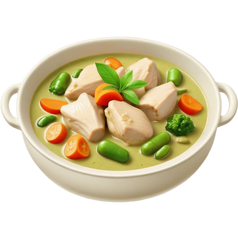 Green Chicken Curry Cinematic Realistic Green Chicken Curry Dish Emoji, depicted as tender chicken chunks simmered in a fragrant green curry sauce with vegetables, rendered with vivid textures and dynamic, vibrant lighting. emoji