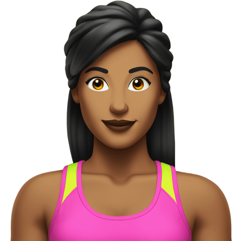 Tanned woman with black hair wearing 1980s style neon fitness outfit and hair emoji