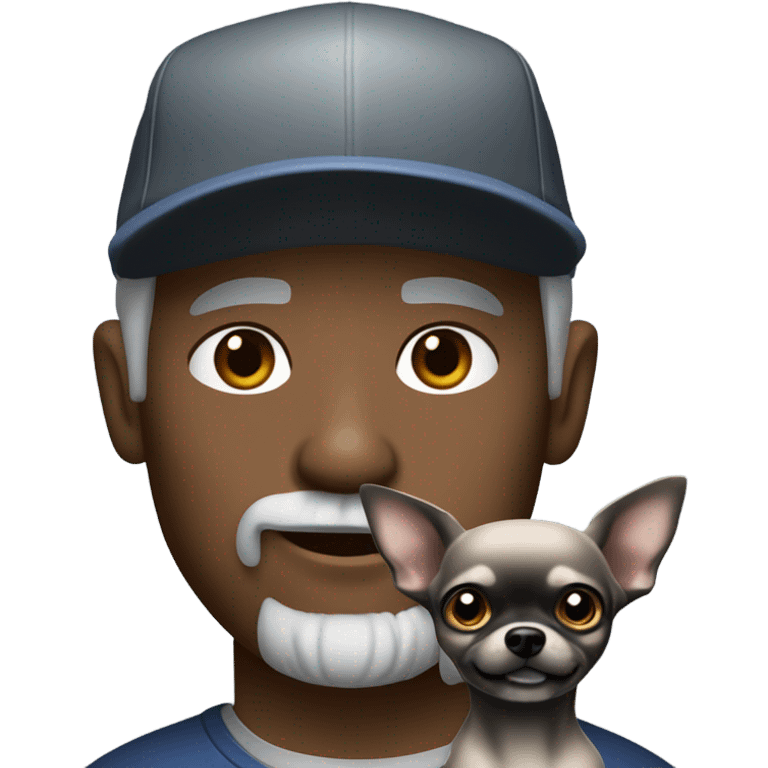 Man with blue eyes grey hair and grey goatee, wearing ball cap, holding long hair black chihuahua emoji