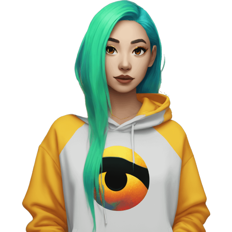 Lady with brunette and iridescent blue hair, gold, lime green dragon wings, black hoodie, bleach dyed, black and gold Nike t shirt, and bright red eyes emoji