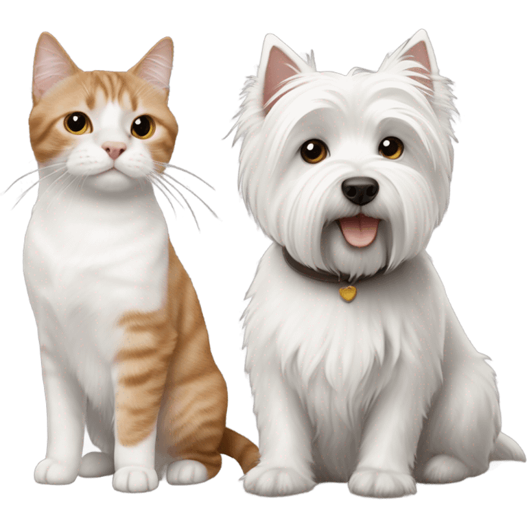 West Highland white terrier with brown cat and grey cat emoji