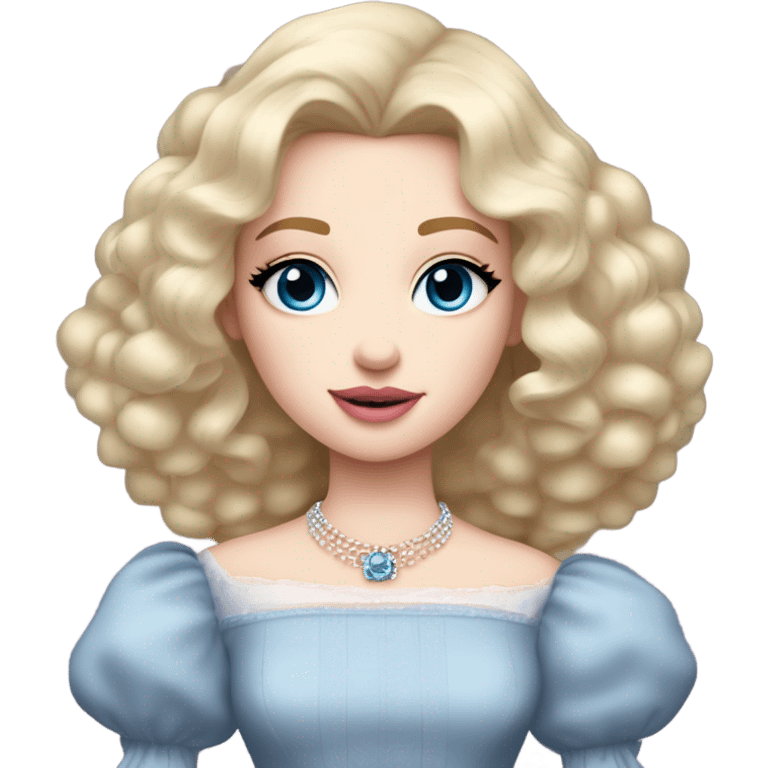 girl with blonde hair pale skin blue eyes. Pink lips blush Smokey eye (but not too much). Make her face. I want her hair fresh out of rollers.  princess dress, puffed sleeves and the choker necklace (think Versailles but not too much). emoji