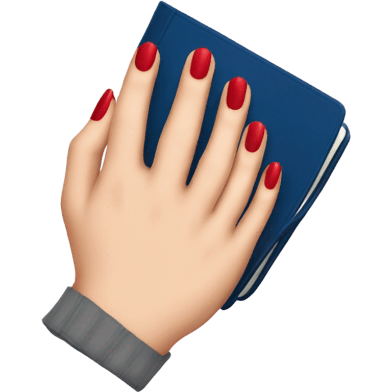 a hand with a red manicure lies on top of a dark blue diary emoji