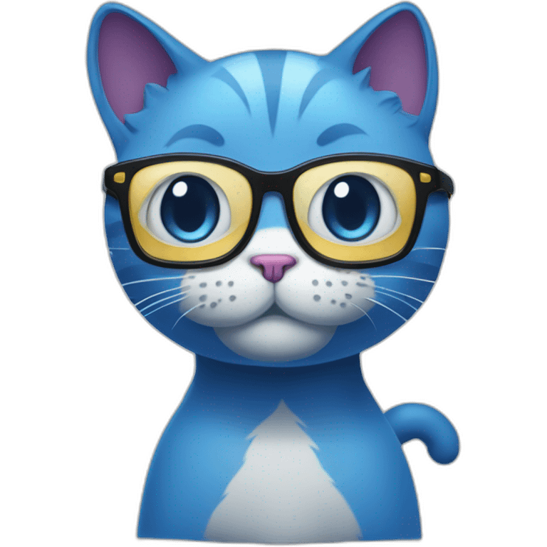 The blue cat is waist-high, has a belly sticking out, has glasses, And is associated with cryptocurrency emoji