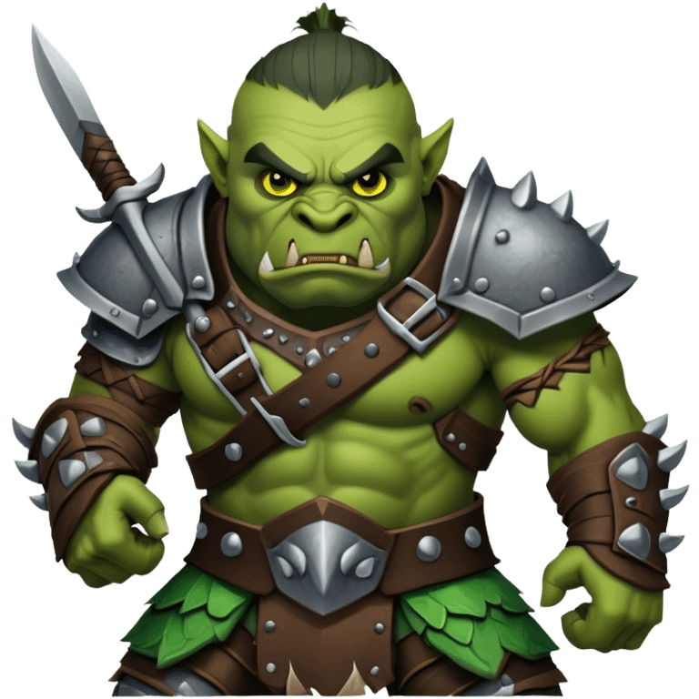 Cinematic Realistic WoW Orc Warrior Portrait, captured in a dynamic, battle-ready stance, muscles bulging beneath intricately detailed tribal armor accented with dark leather and iron. His fierce, determined eyes and battle-scarred green skin are rendered with dramatic natural lighting and high shine, exuding raw, relentless fury in a fierce combat pose. emoji