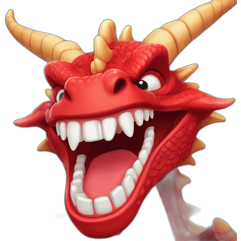 Crazy funny red dragon head with human white teeth and beautiful smile emoji