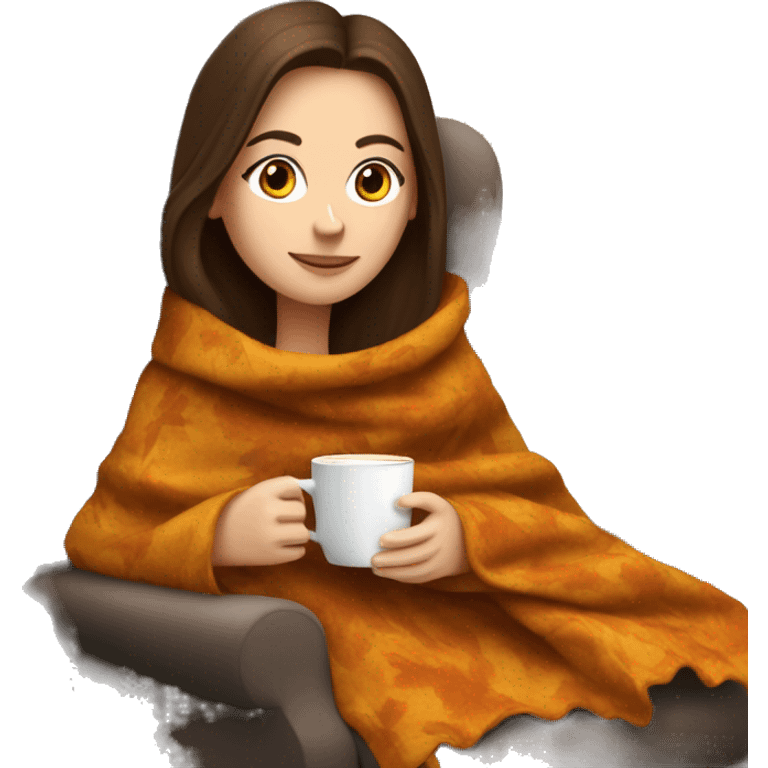 Brunette white girl covered in blanket autumn vibe sitting on a cozy chair holding coffee,  emoji