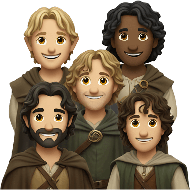 The main characters of "Lord Of The Rings" standing, smiling, facing the camera & waving goodbye. emoji