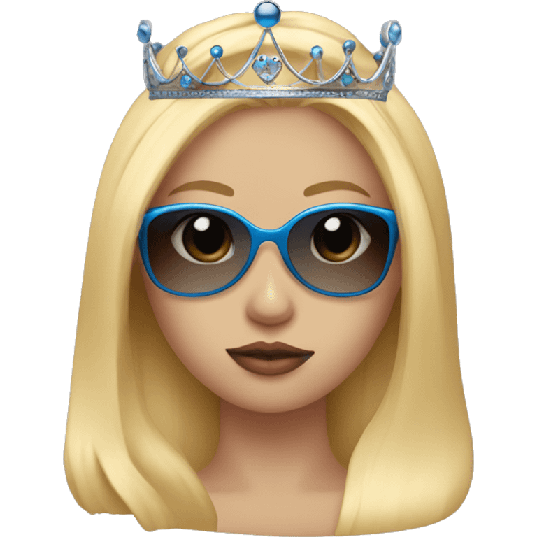 Girl with long blonde hair, blue eyes, sunglasses that cover her eyes and cherry lipstick and a crown emoji