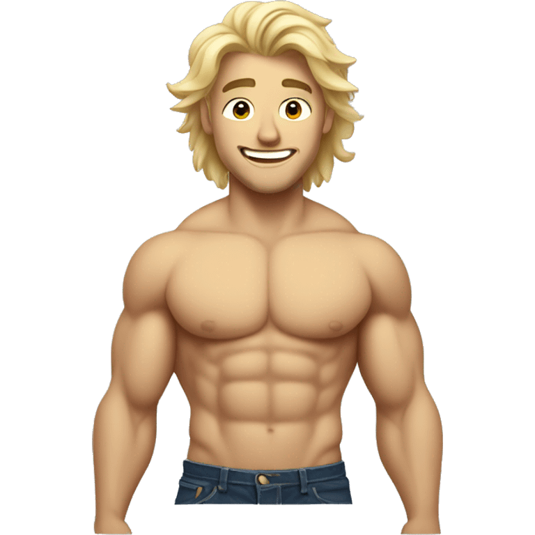 Very attractive blonde man  with muscles showing waist and above with messy hair and a happy trail emoji