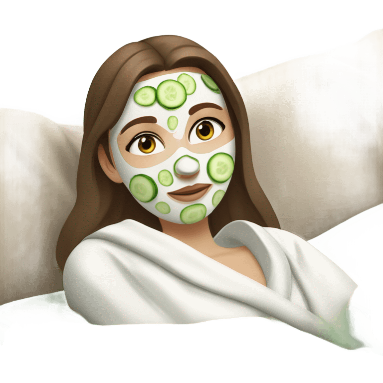 White girl with Brown hair and blue eyes wears a Green colored skincare clay textured mask and puts on cucumbers around her eyes while She relaxes in her white Robe emoji