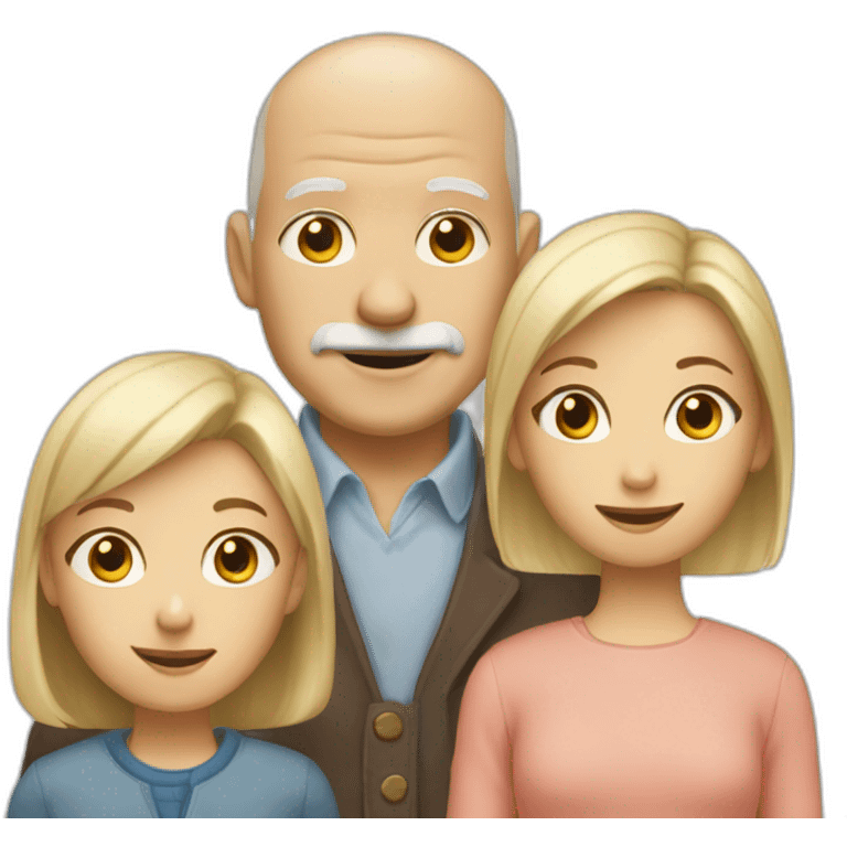 emoji of an old bald man with 4 kids, 3 girls, 1 blond hair, 2 brown hair, 1 boy with blond hair and an old blond women emoji