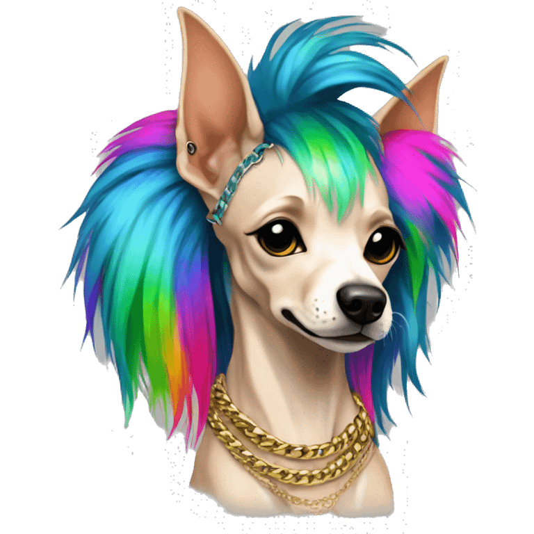 Punk Chinese crested dog neon rainbow hair gold chain punk piercings tattoos punk ear piercings emoji