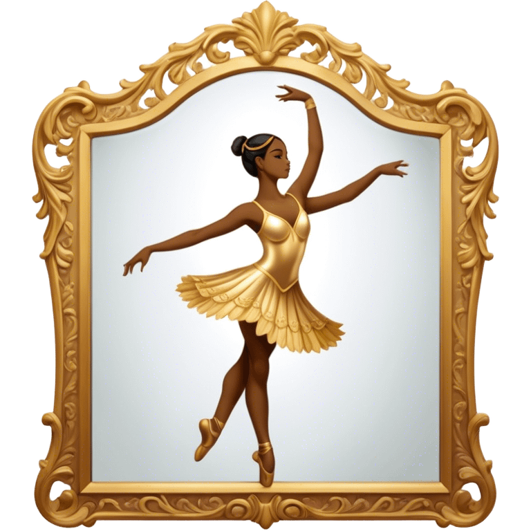 Cinematic Realistic Mirror, a large, ornate mirror reflecting a dancer’s poised silhouette, soft golden light creating depth, slight smudges on the glass adding realism, glowing with a timeless and artistic presence. emoji