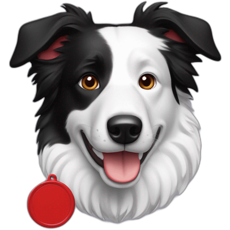 A black and white border collie with an skewed to the left white spot on his head and a red plaque emoji