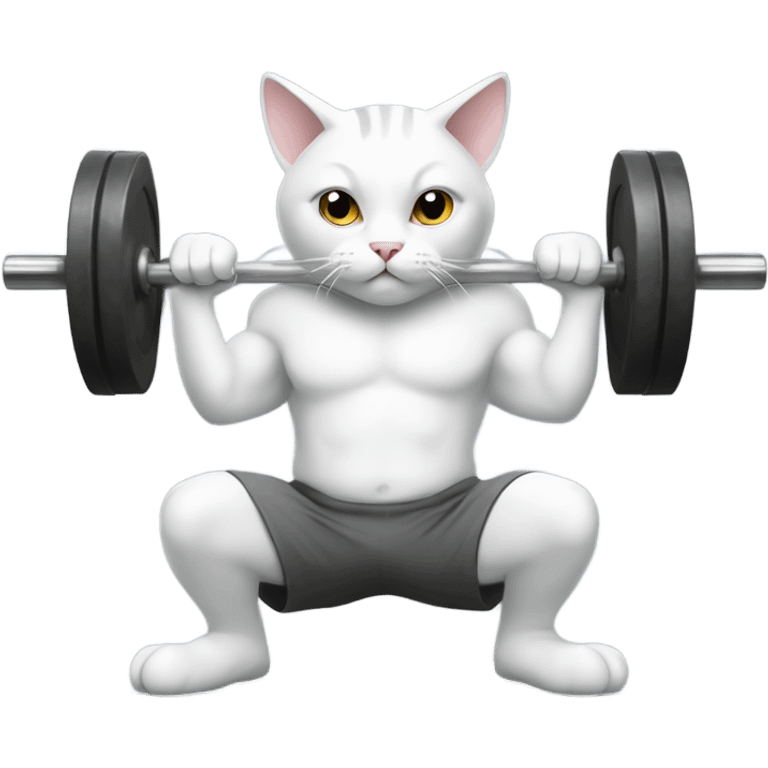 Grey and white cat squatting a heavy barbell emoji