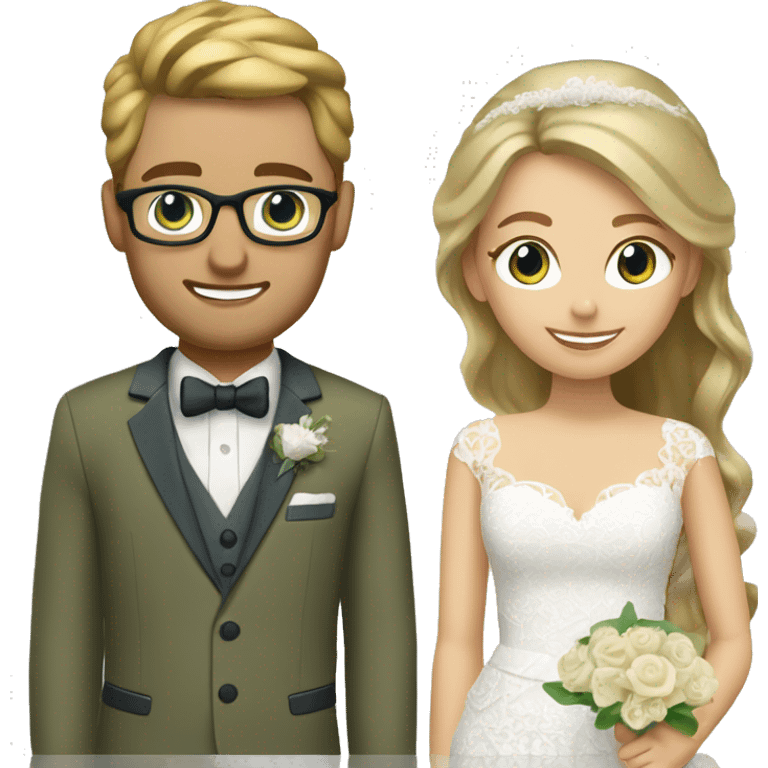 Wedding couple. Bride has brown hair pinned up. She wears lace dress. She has blue eyes. Groom has olive green suit and brown vest. He has blond hair. He wears glasses. He has blue eyes. emoji