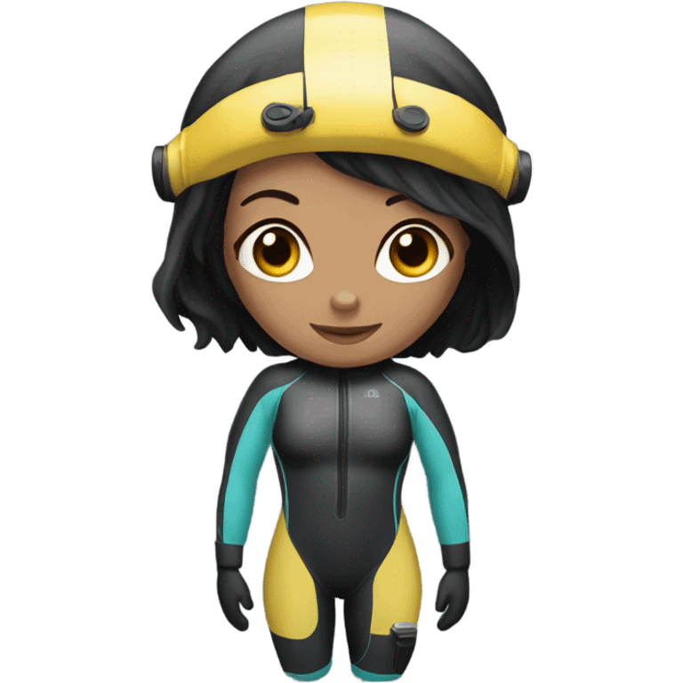 "A woman with black hair and fair skin wearing a diving suit emoji." emoji