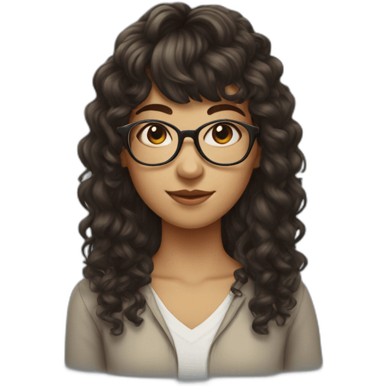 girl with curly dark brown hair and bangs and thin glasses emoji