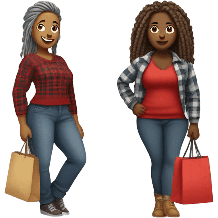 A very Curvy woman with gray locs in pants with shopping bag.  The other very curvy woman is brown with red locs in a skirt with plaid sweater shopping at yard sale emoji