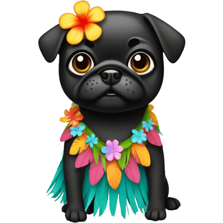 Black pug in a Hawaiian hula girl dress emoji