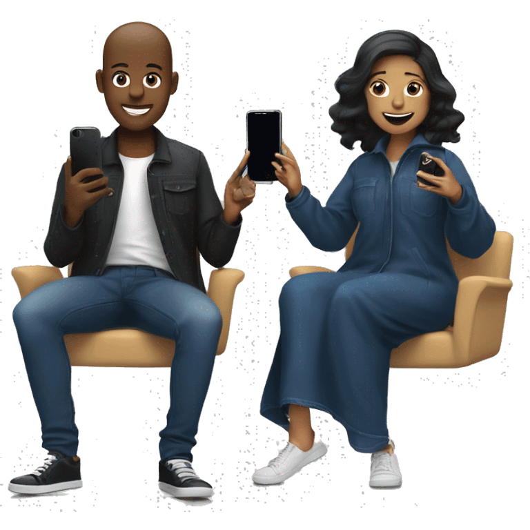 Make me an emoji of two besties sitting next to each other: one in a navy abaya looking a bit annoyed, and the other in jeans and a black jacket, smiling and holding up a phone for a selfie emoji