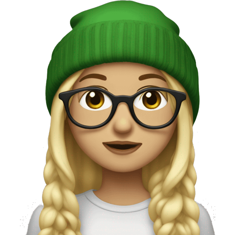 girl with long blonde hair, green eyes, black round glasses, and a beanie hat.  emoji