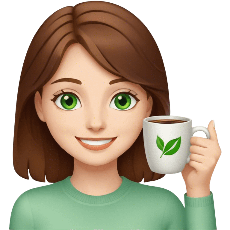 Brown haired girl with green eyes drinking coffee, smiling and waving emoji