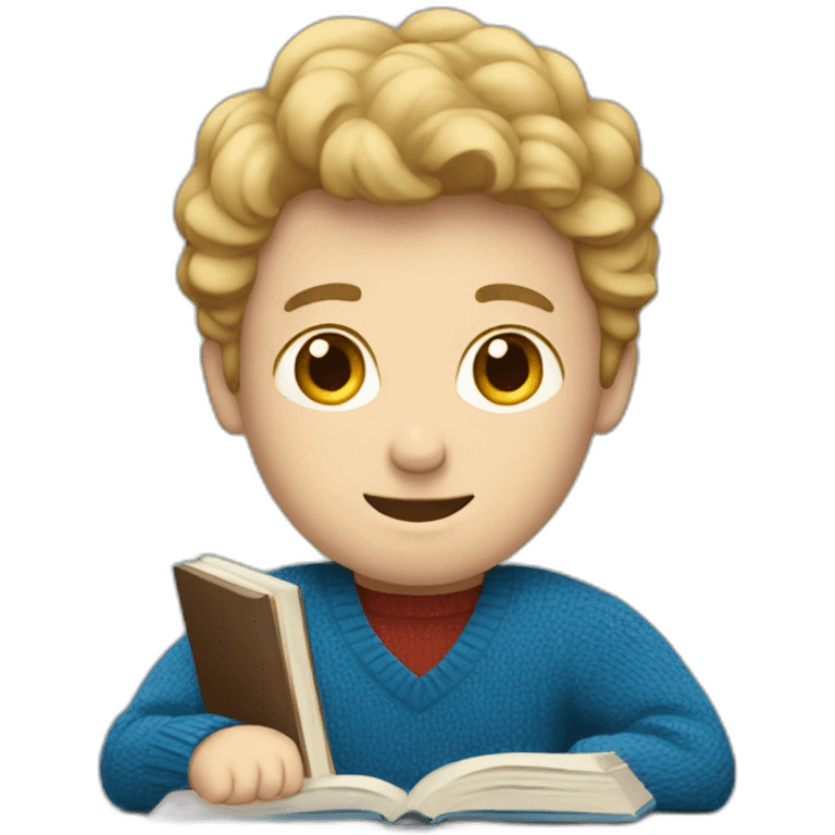 Man with fair skin in blue sweater studying emoji