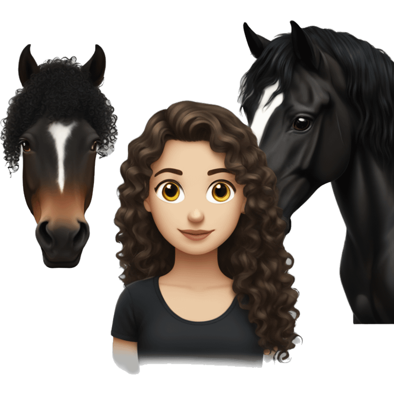 White girl, black shirt, long dark brunette curly hair, next to a black spanish horse emoji