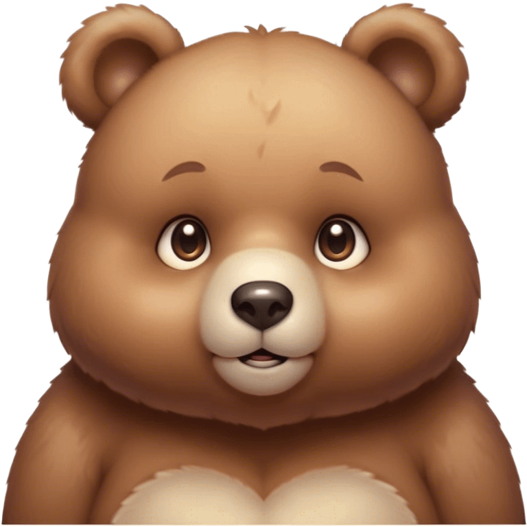 Cinematic cute soft bear, chubby round face, tiny ears, warm fuzzy fur, blushing cheeks, sparkling kind eyes, soft glowing background, heartwarming and huggable. emoji