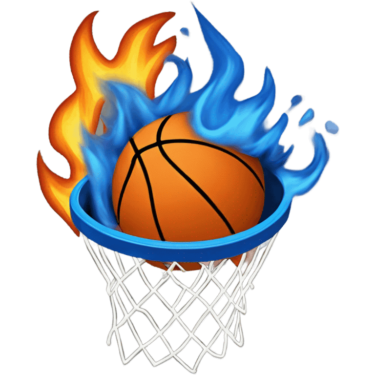 A blue and orange basketball going through the net on fire. emoji