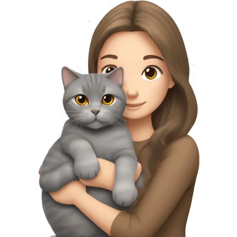 small British shorthair grey cat hugging long brown hair white woman emoji