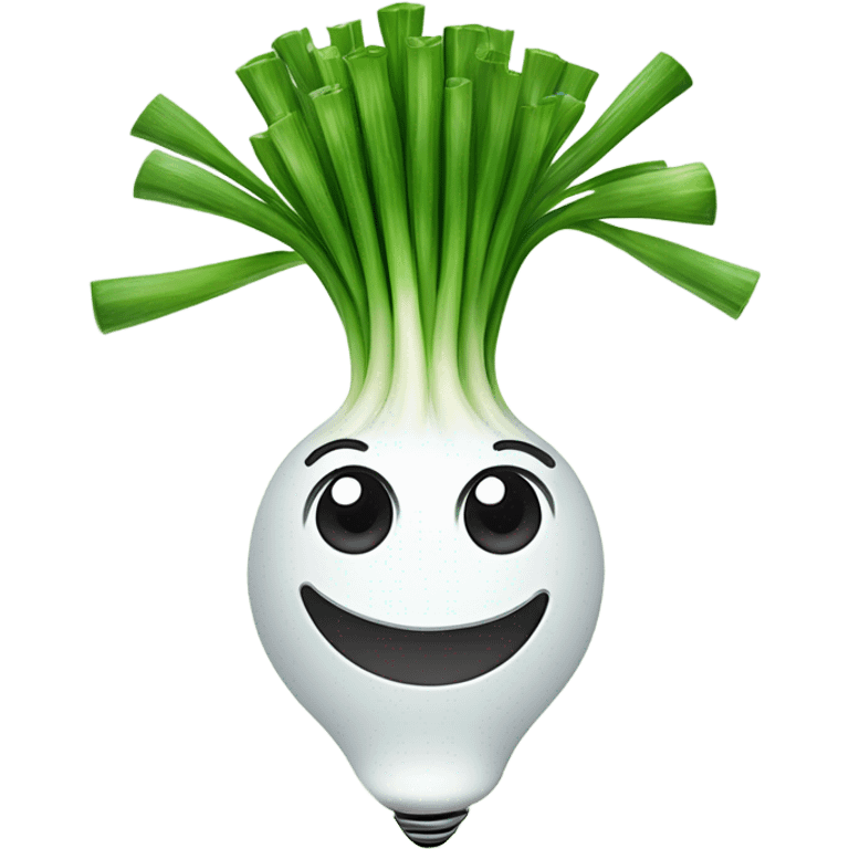 Smiling green onion with a bundle of long, thin green stalks as hair, big expressive eyes, and a cheerful cartoonish face on the white bulb section. Vibrant and playful design. emoji